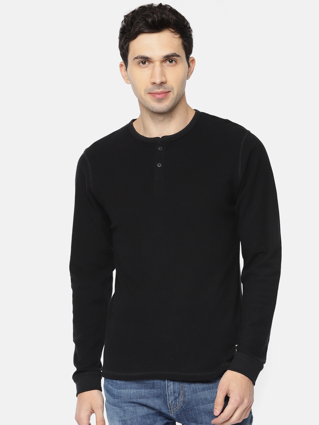 Buy Bossini Men Black Solid Henley Neck 