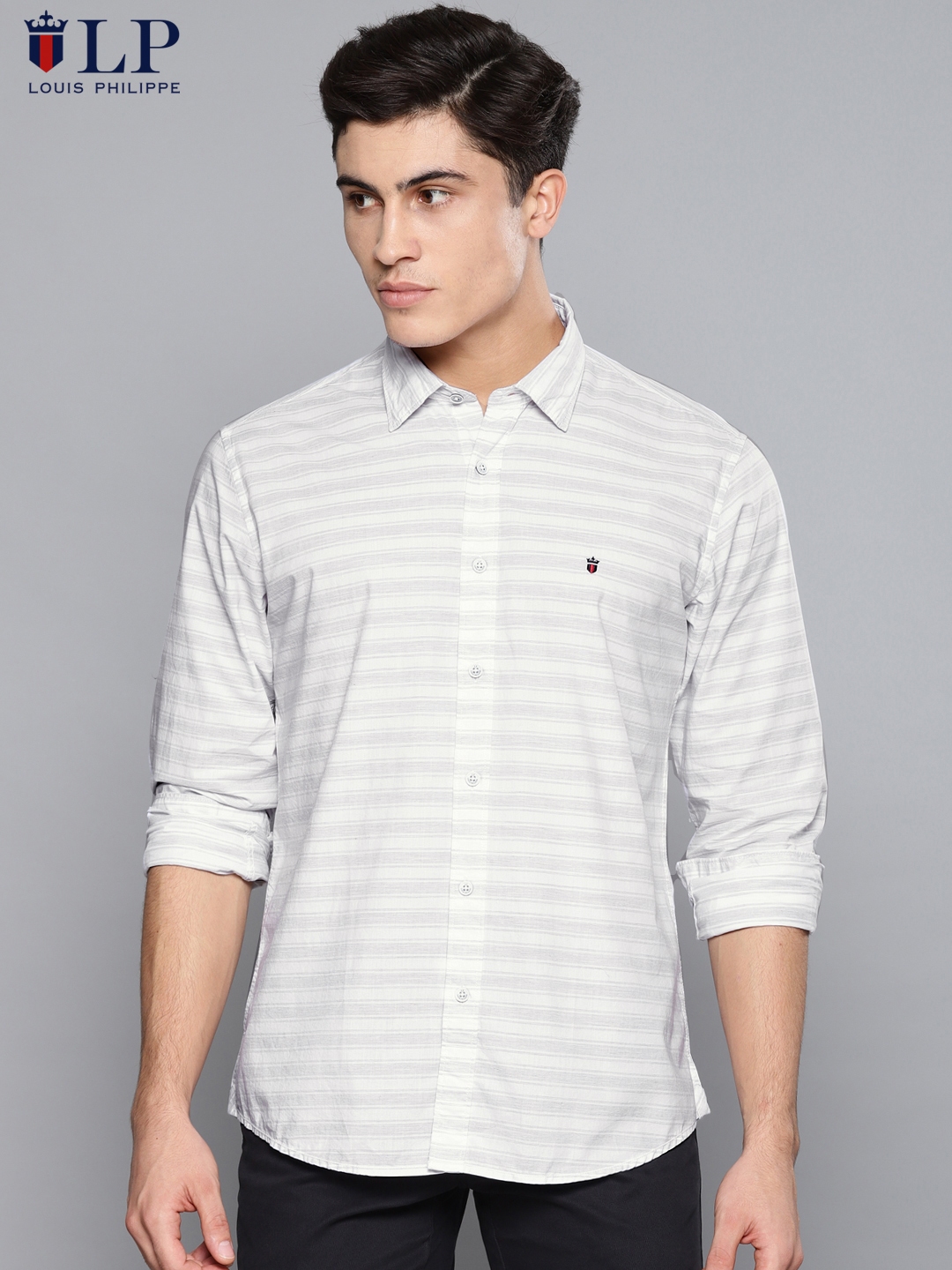 LP LOUIS PHILIPPE Men Striped Casual White, Grey Shirt - Buy Grey