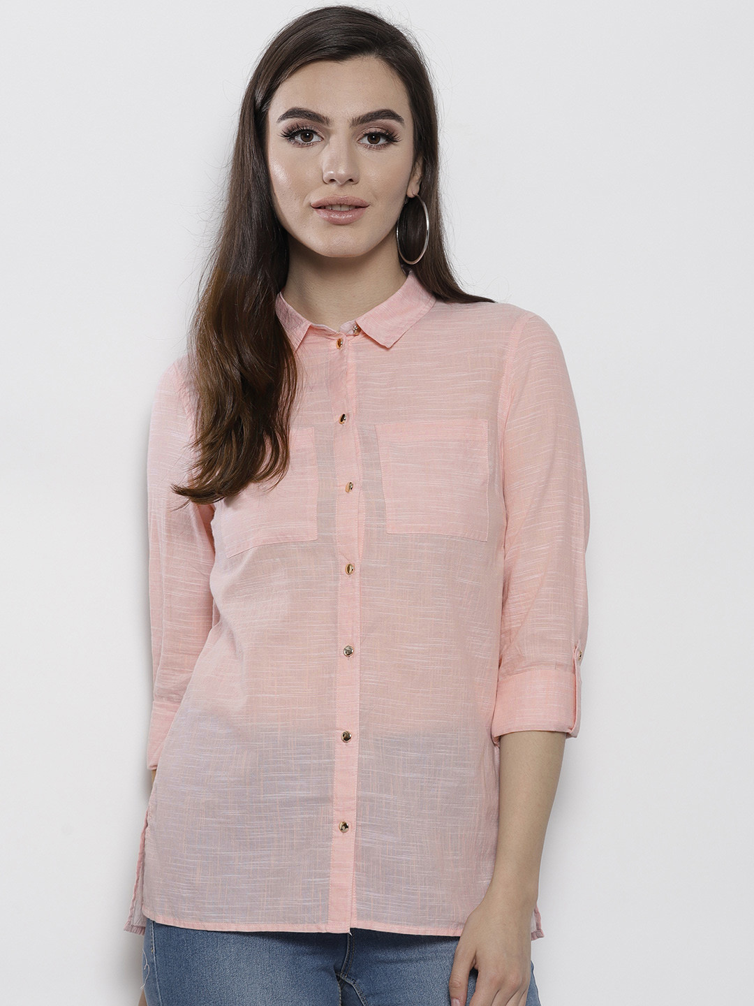 DOROTHY PERKINS Women Peach-Coloured Regular Fit Semi Sheer Solid Casual Shirt