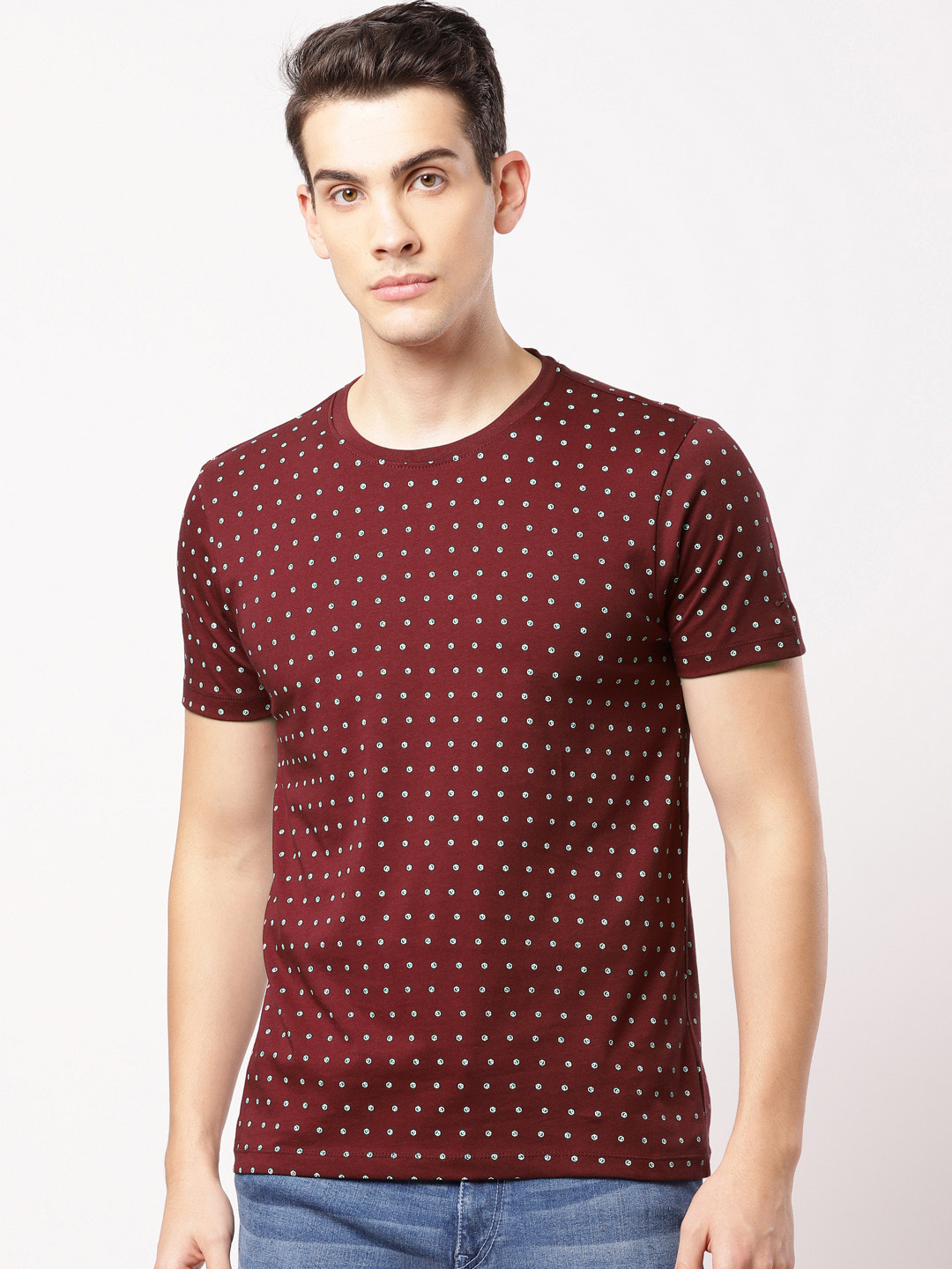 Buy Ether Men Maroon Printed Round Neck 
