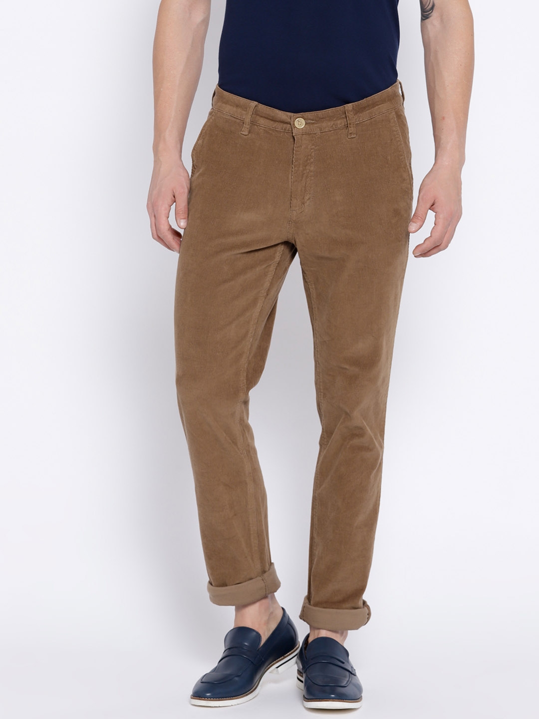 Buy John Players Men Mustard Brown Solid Slim Flat Front Corduroy Trousers   Trousers for Men 1673554  Myntra