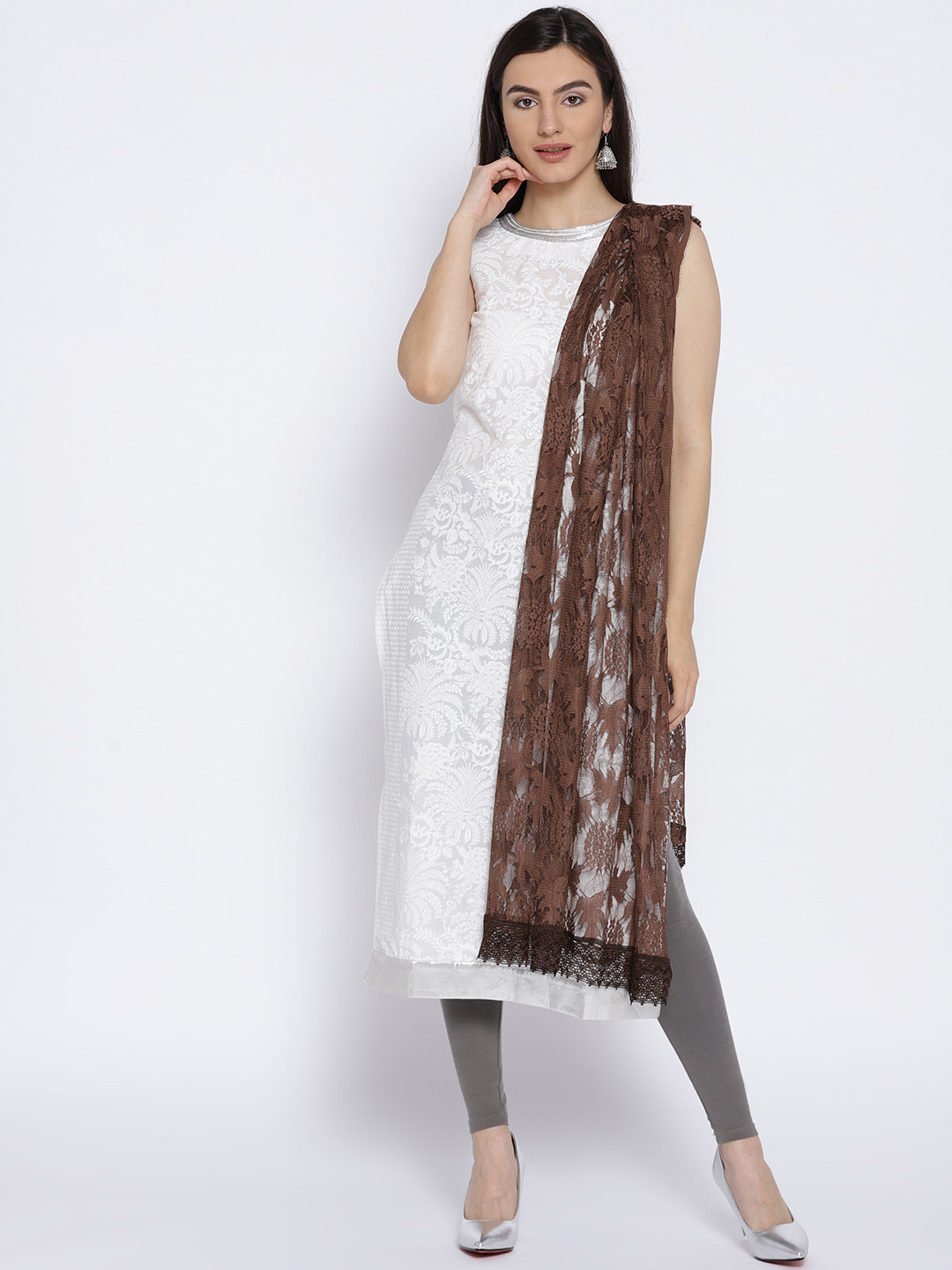 WEAVERS VILLA Brown Lace Dupatta