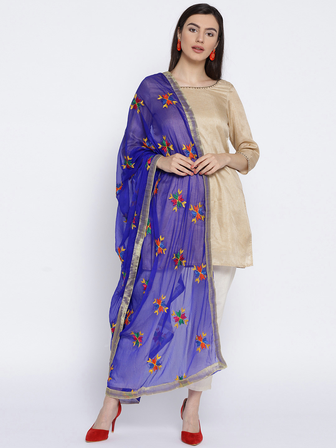WEAVERS VILLA Blue Phulkari Embroidered Dupatta