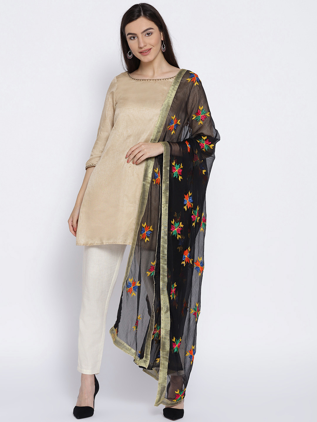 WEAVERS VILLA Black Phulkari Embroidered Dupatta