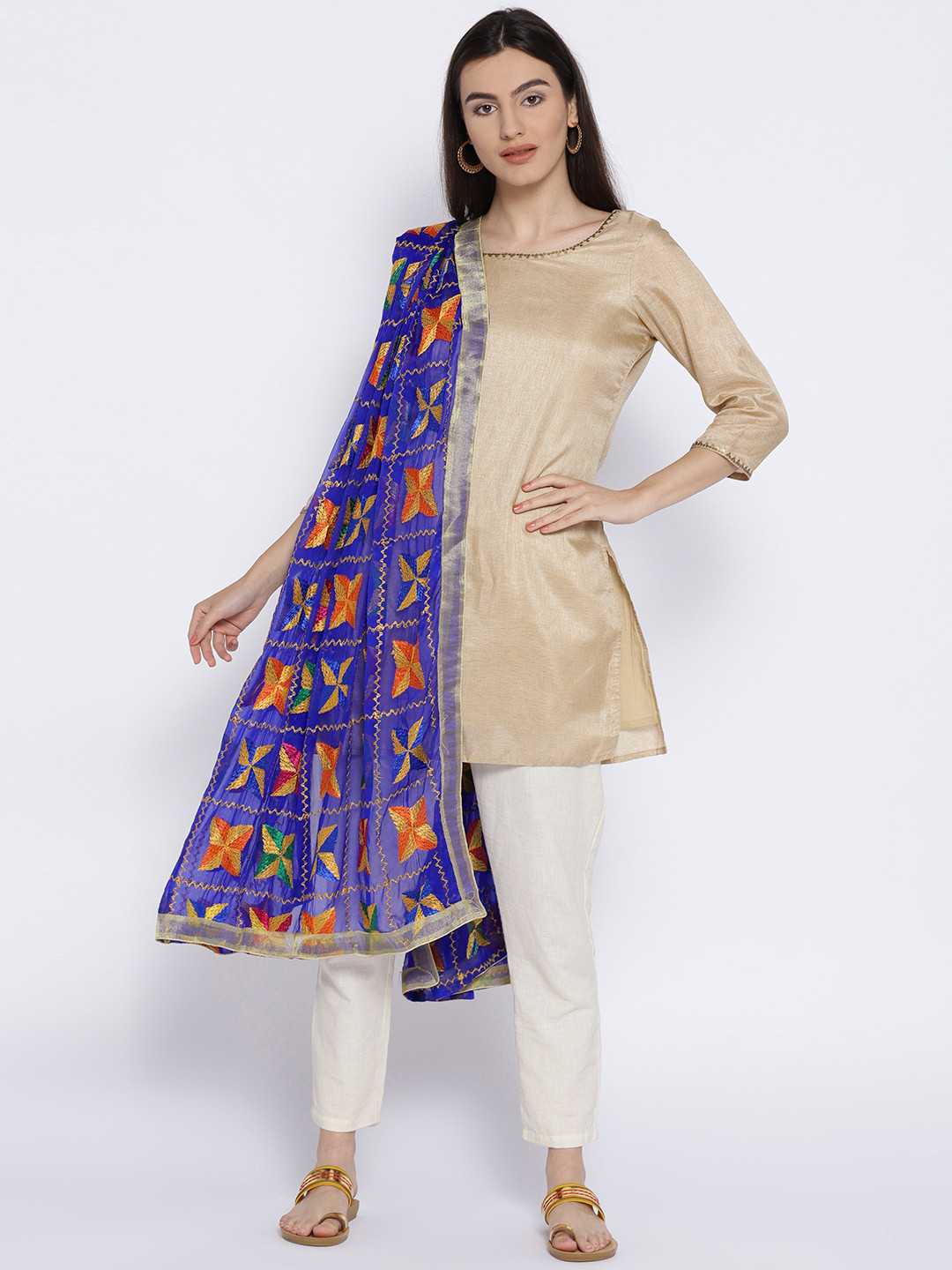 WEAVERS VILLA Blue Phulkari Embroidered Dupatta