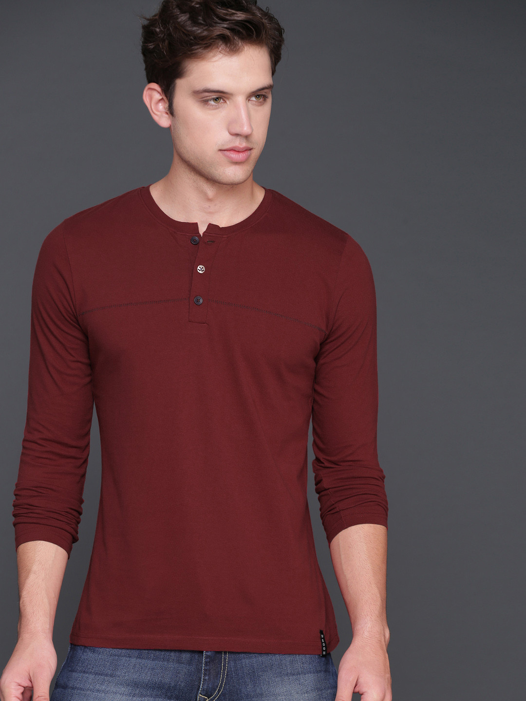 Buy WROGN Men Red Solid Henley Neck T 