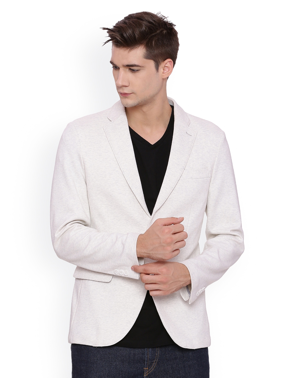 Basics Men Off White Solid Single Breasted Casual Blazer