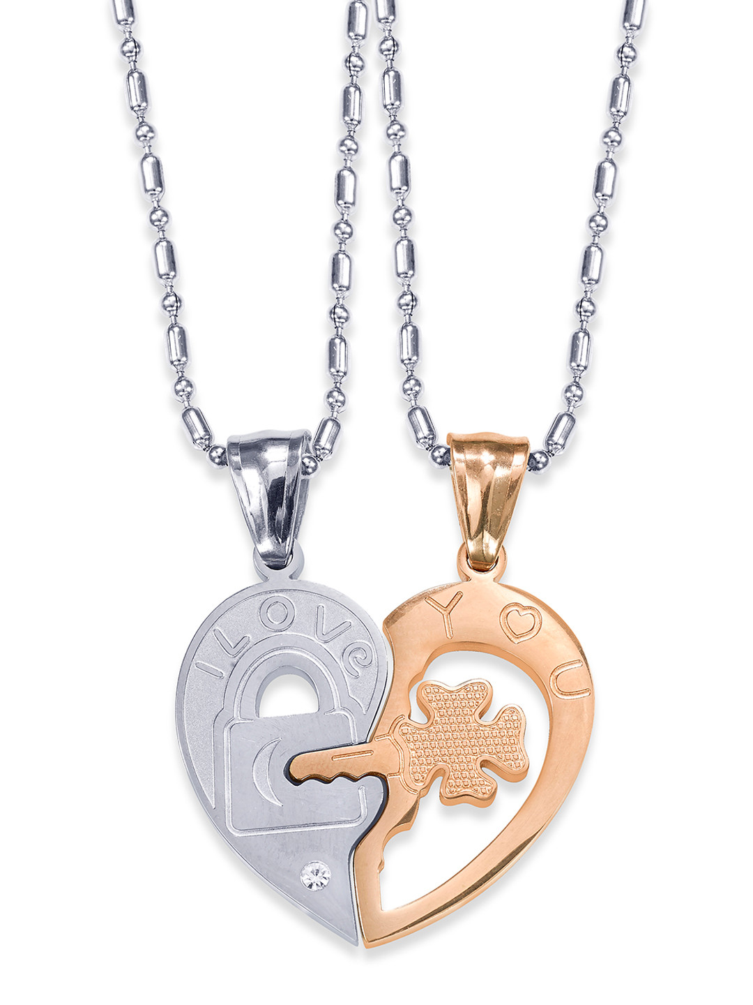 Peora Rose Gold-Toned & Silver-Toned Heart Shape Couple Pendant with Chain