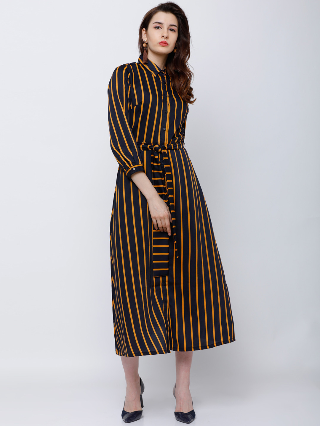 Tokyo Talkies Women Navy Blue Striped Shirt Dress
