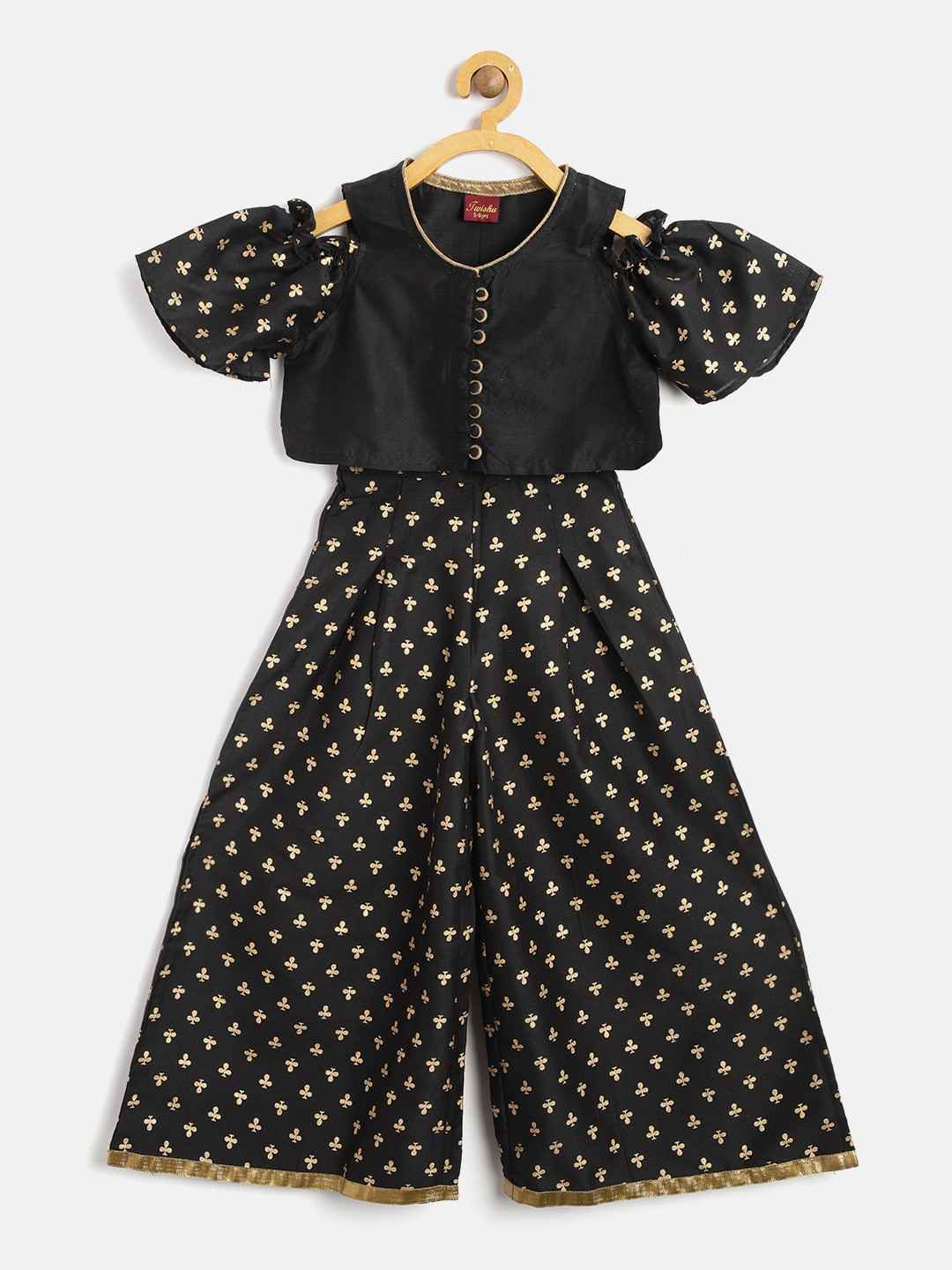 Twisha Girls Black & Golden Solid Top with Printed Palazzos