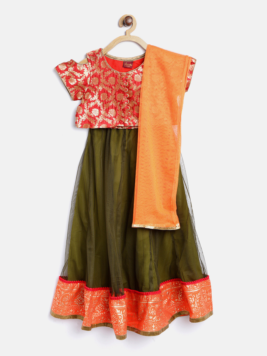 Twisha Girls Olive Green & Red Woven Design Ready to Wear Lehenga Choli with Dupatta