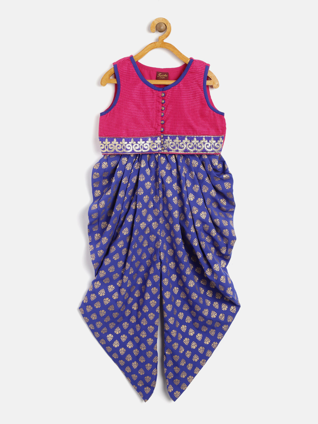 Twisha Girls Pink & Blue Self-Checked Top with Printed Dhoti Pants