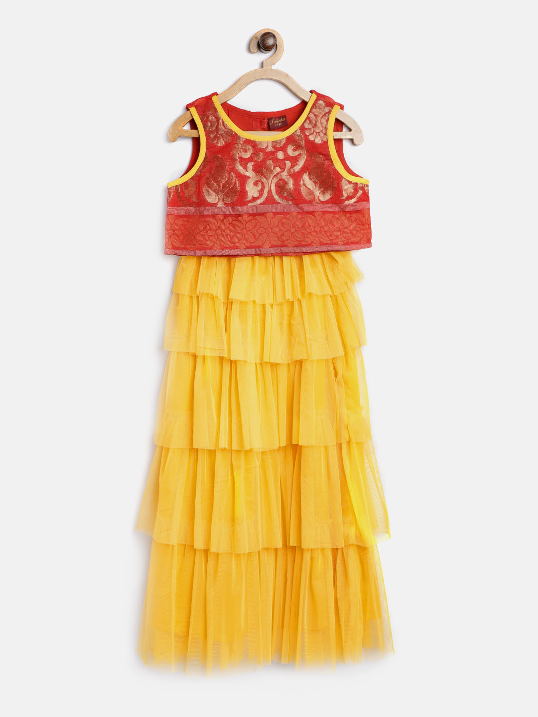 Twisha Girls Yellow & Red Woven Design Ready to Wear Lehenga Choli