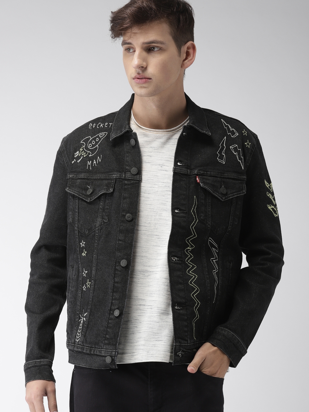 Buy Levis Men Black Embroidered Denim Jacket - Jackets for Men 6840977 |  Myntra
