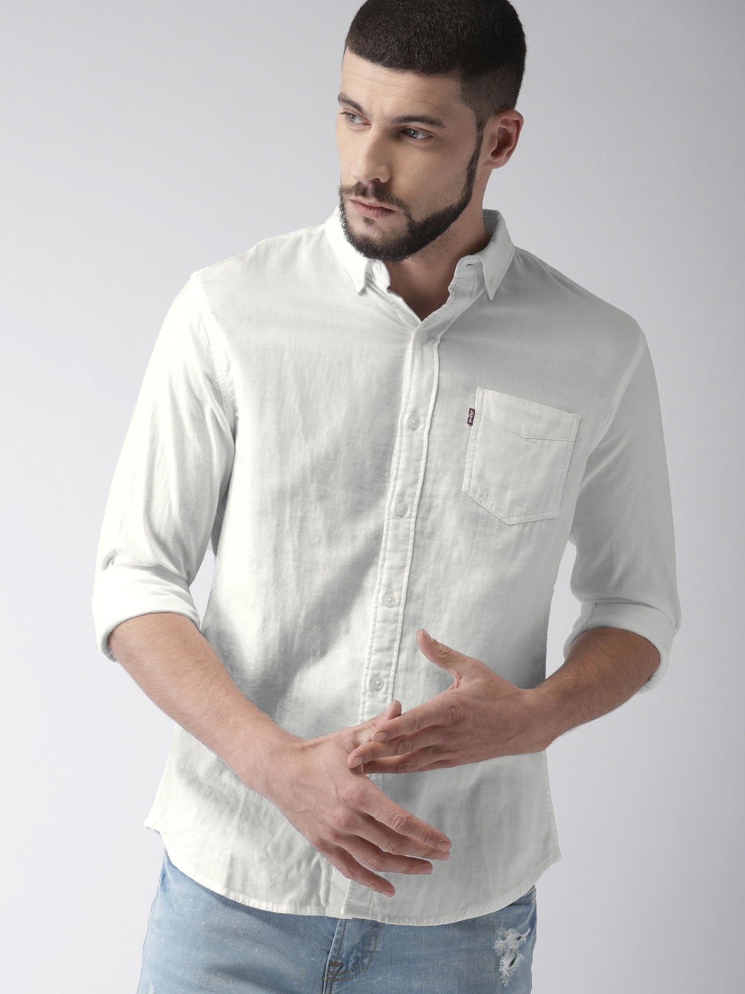 levis men white slim fit solid casual shirt