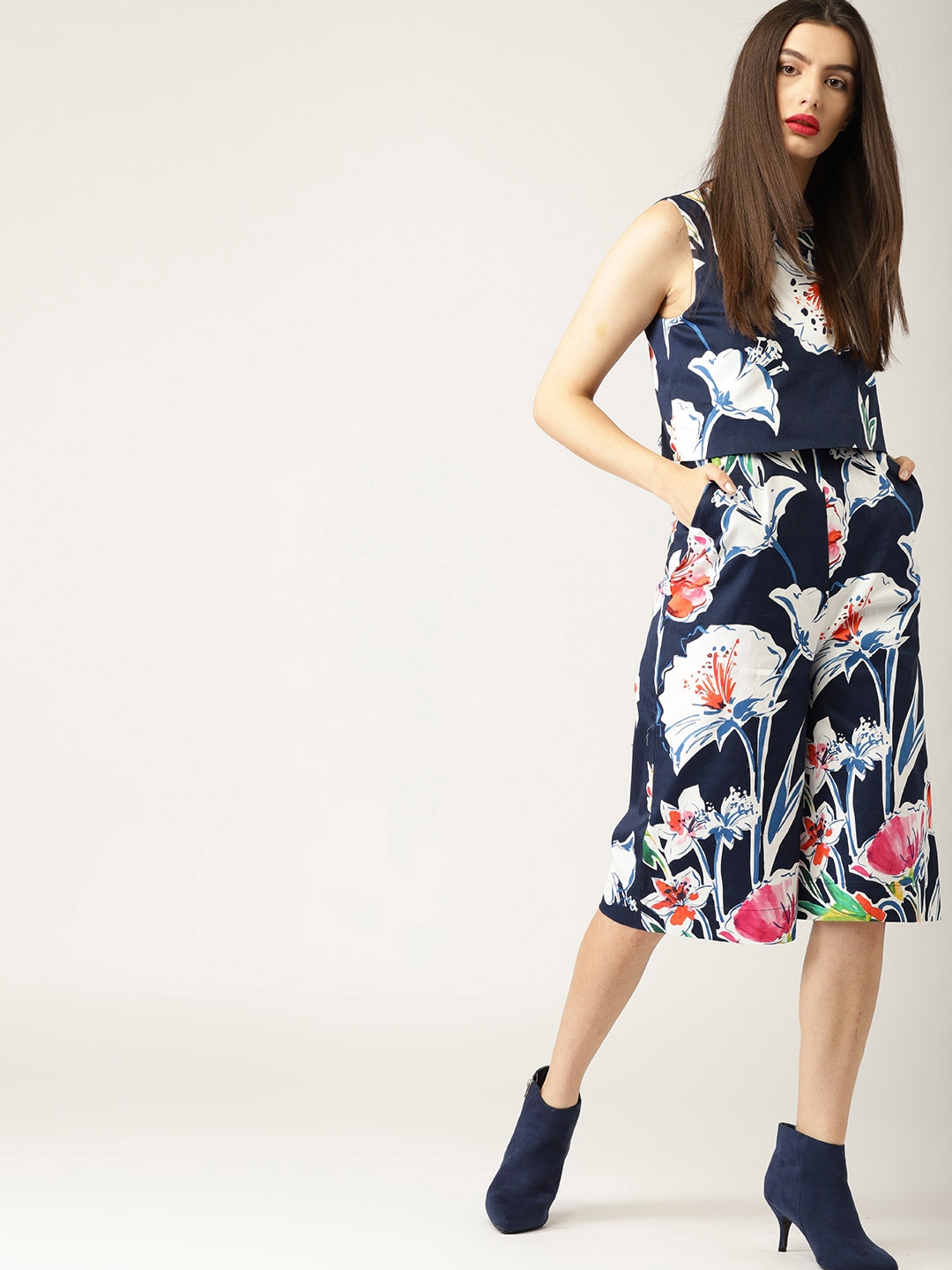 navy printed culotte jumpsuit