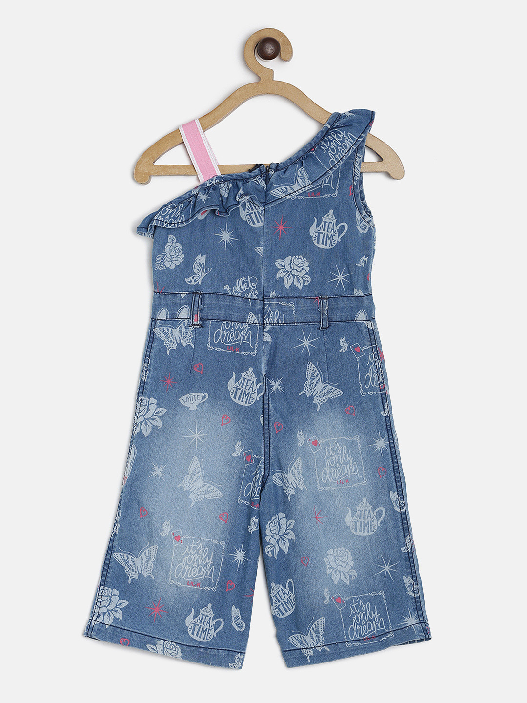 Little Kangaroos Girls Blue Printed Basic Denim Jumpsuit