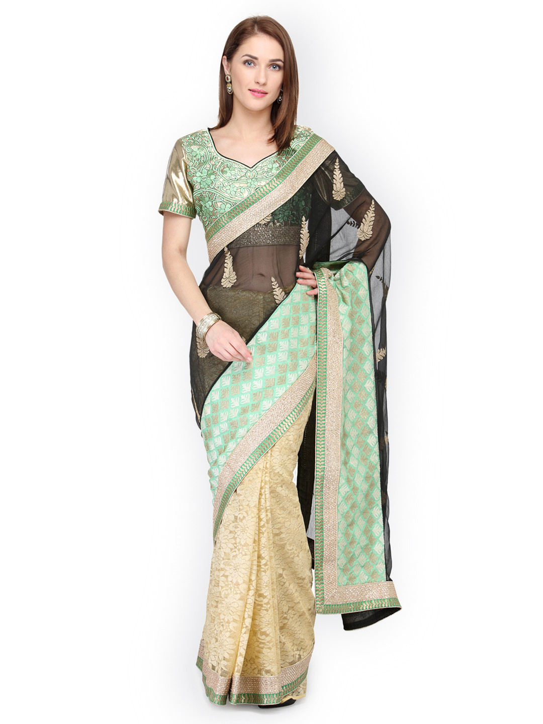 Chhabra 555 Sea Green & Beige Net Embroidered Saree