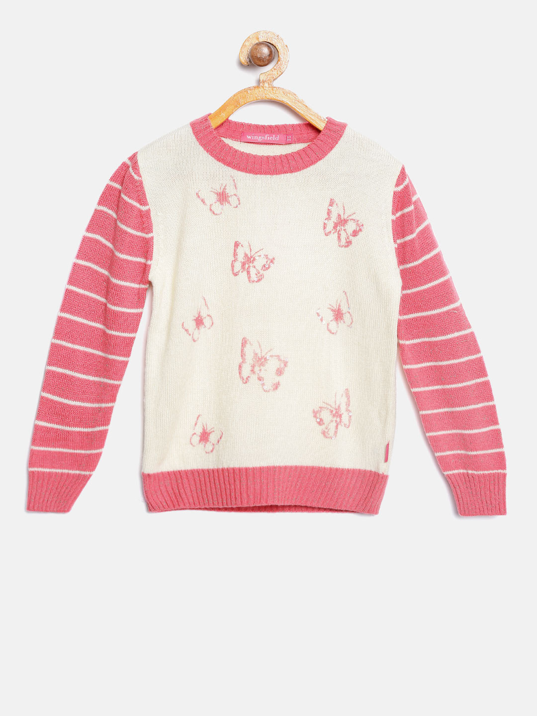 Wingsfield Girls Cream-Coloured & Pink Printed Pullover