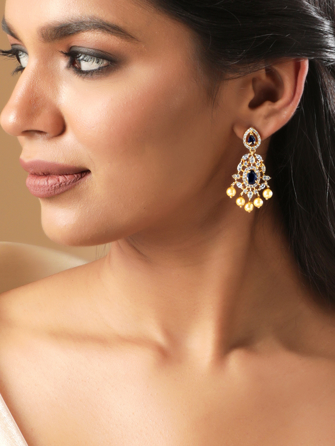 Rubans 18K Gold Plated Blue Sapphire and CZ Studded Gold Beaded Handcrafted Drop Earrings