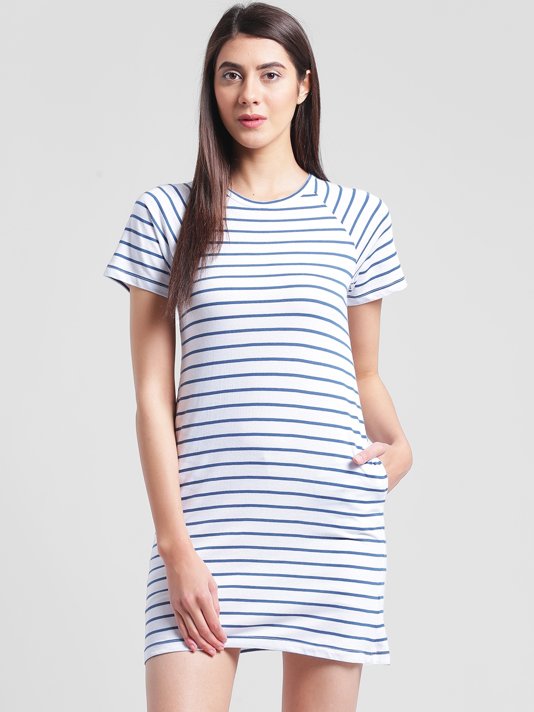 blue and white striped tee shirt dress