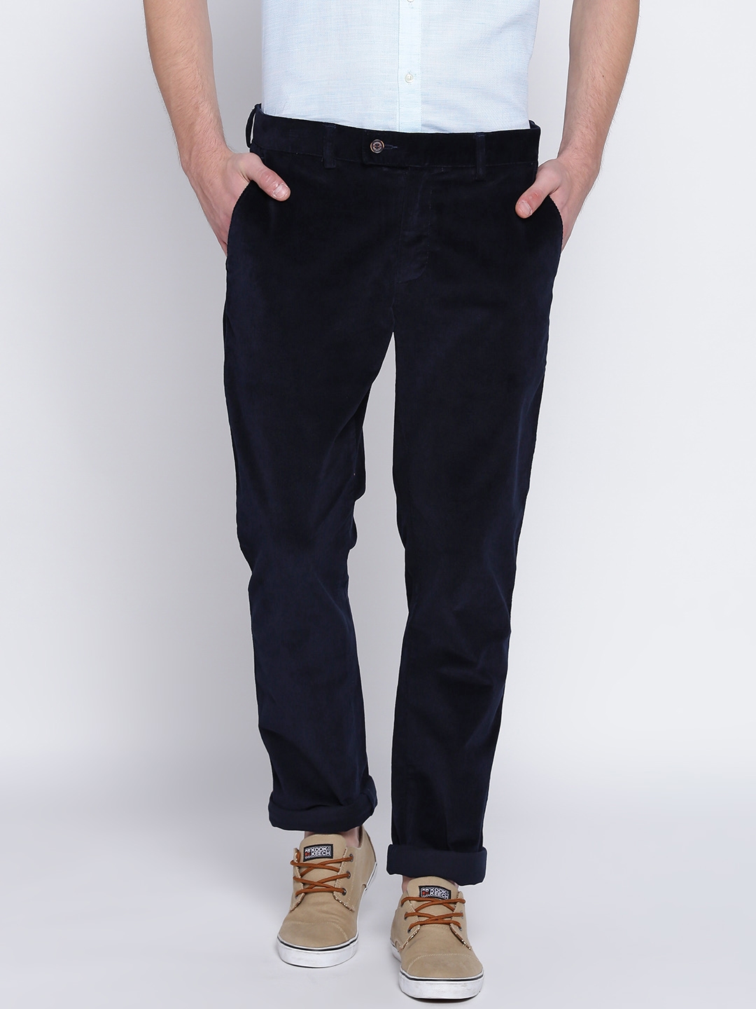 Navy Blue Men Casual Trousers Corduroy  Buy Navy Blue Men Casual Trousers  Corduroy online in India