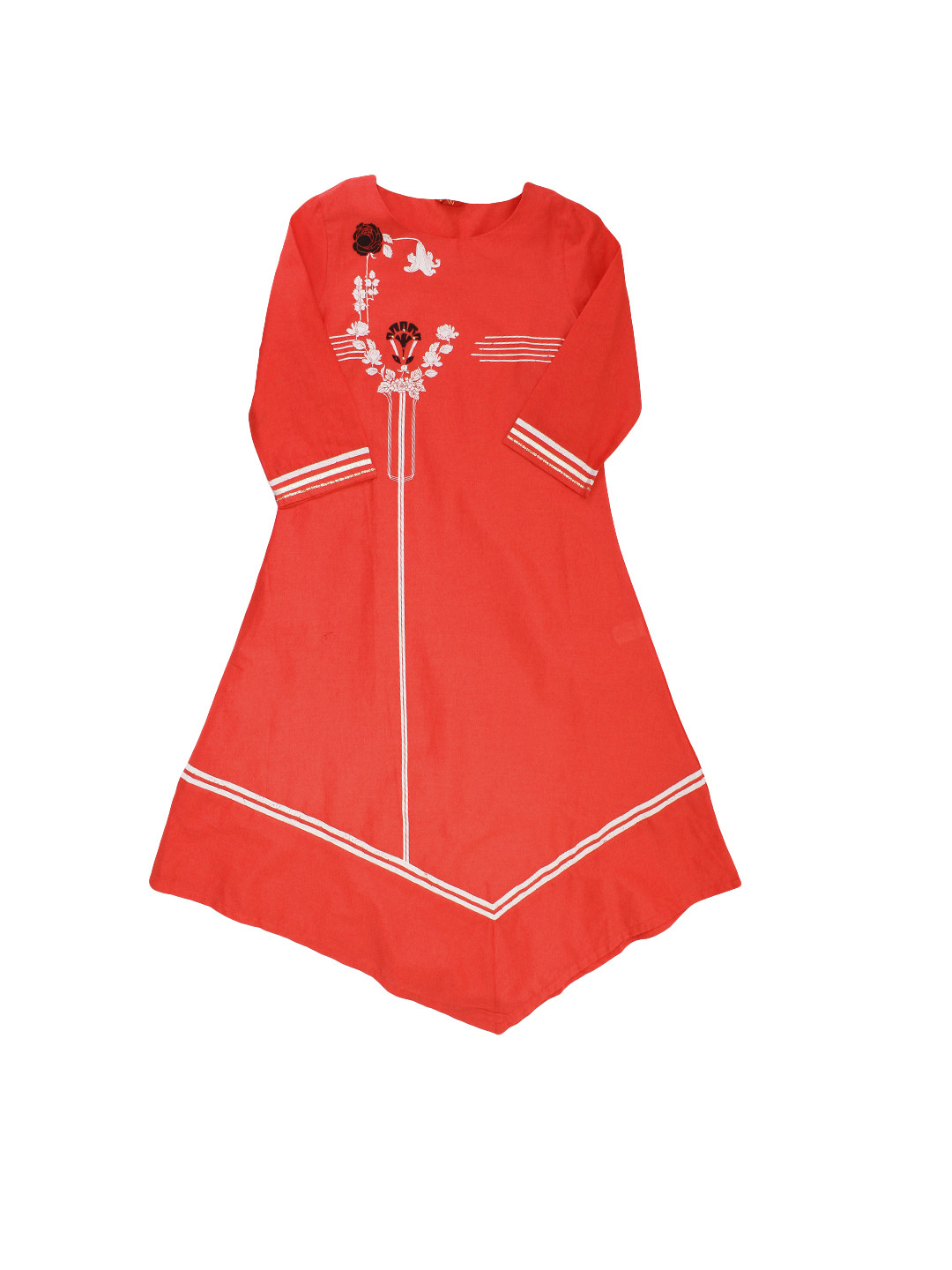 W Women Coral Red Solid Asymmetr Hemline A-Line Kurta