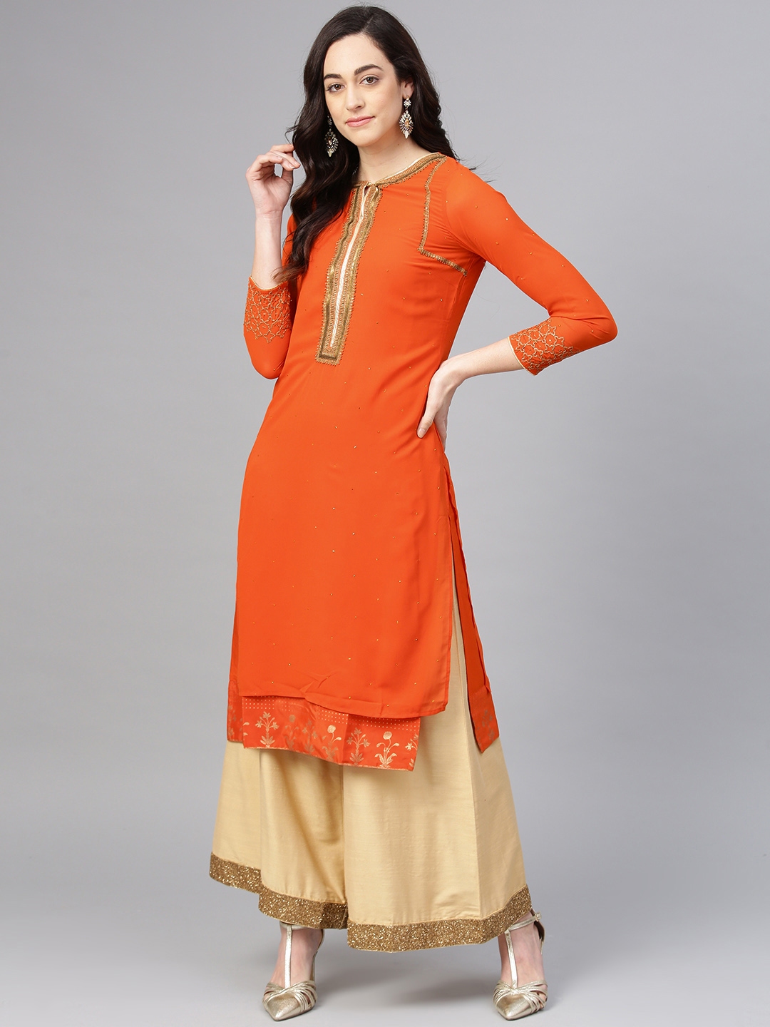 WISHFUL by W Women Orange Yoke Design Mukaish Work Straight Kurta