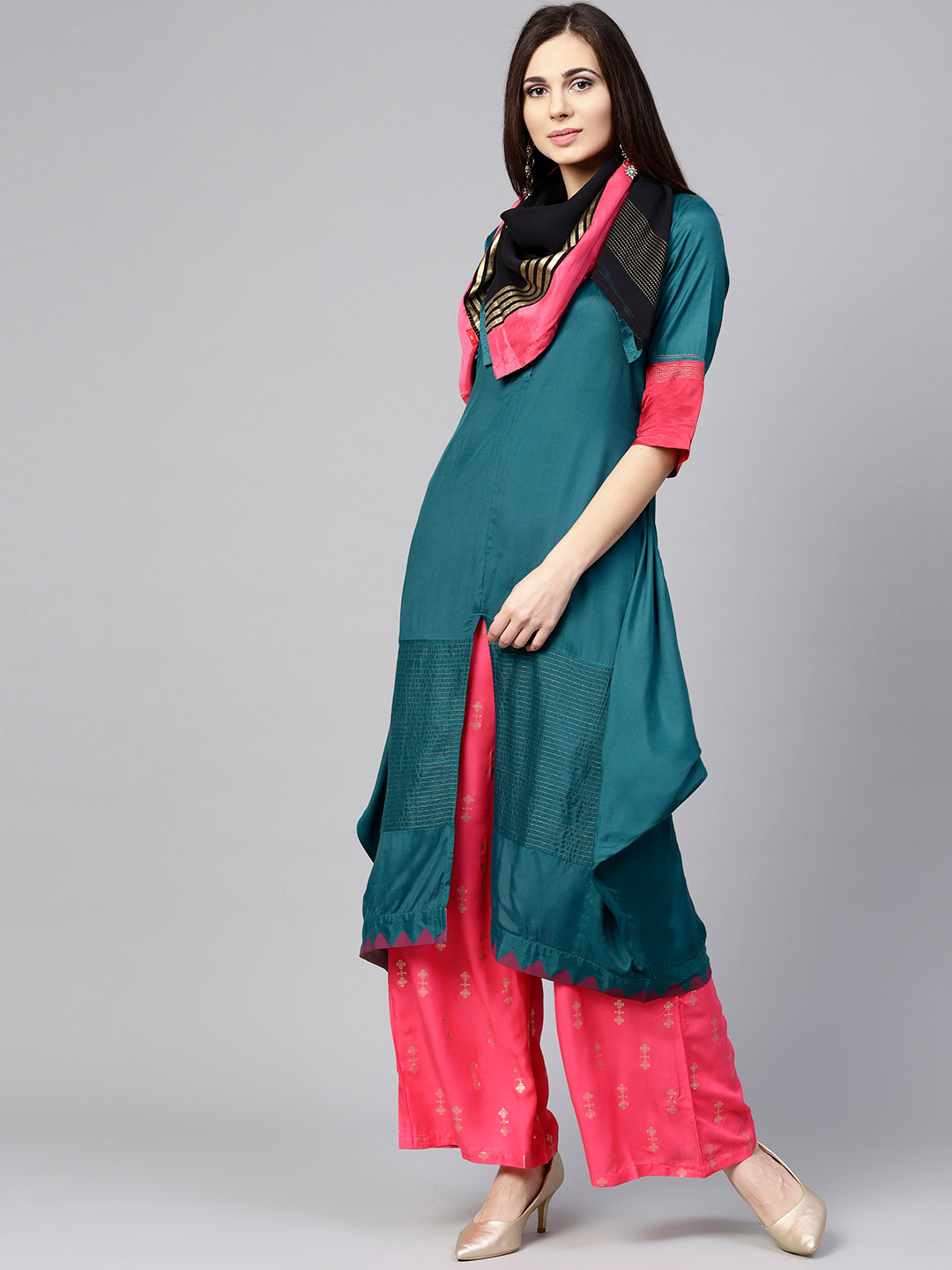 W Women Teal Blue & Black Solid A-Line Kurta with Scarf