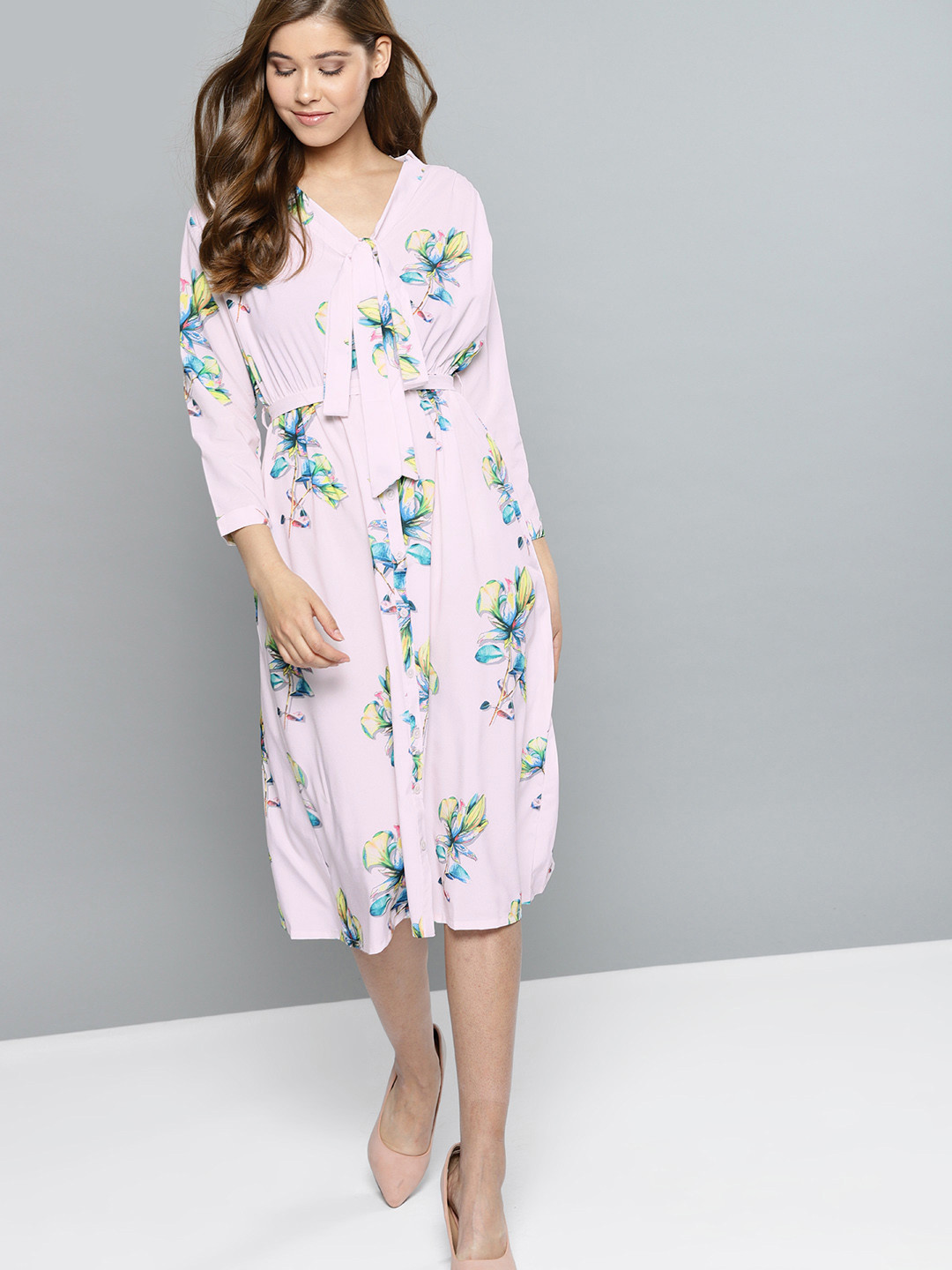 NUSH Women White & Blue Printed A-Line Dress