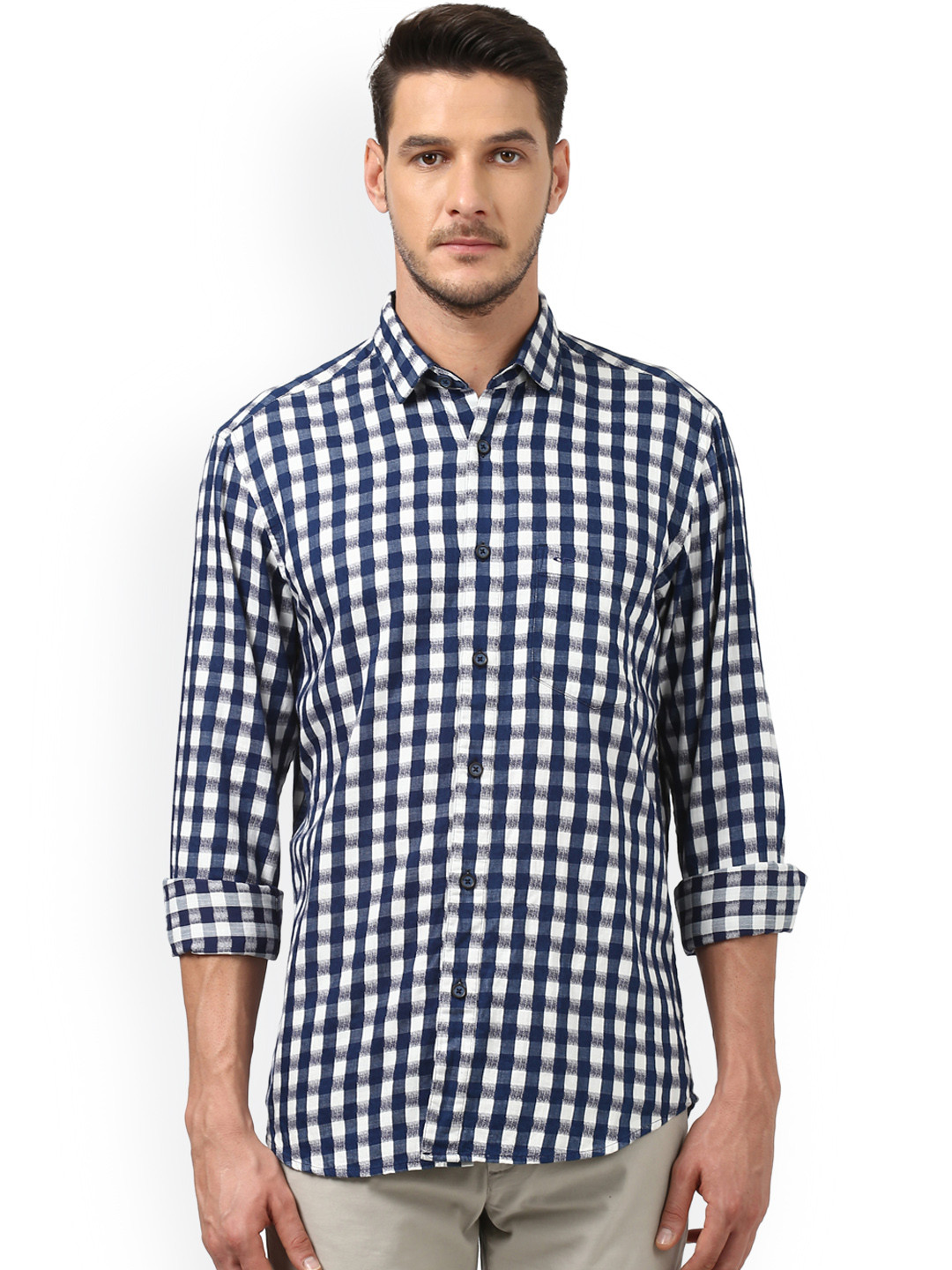 ColorPlus Men Blue & White Checked Tailored Fit Casual Shirt