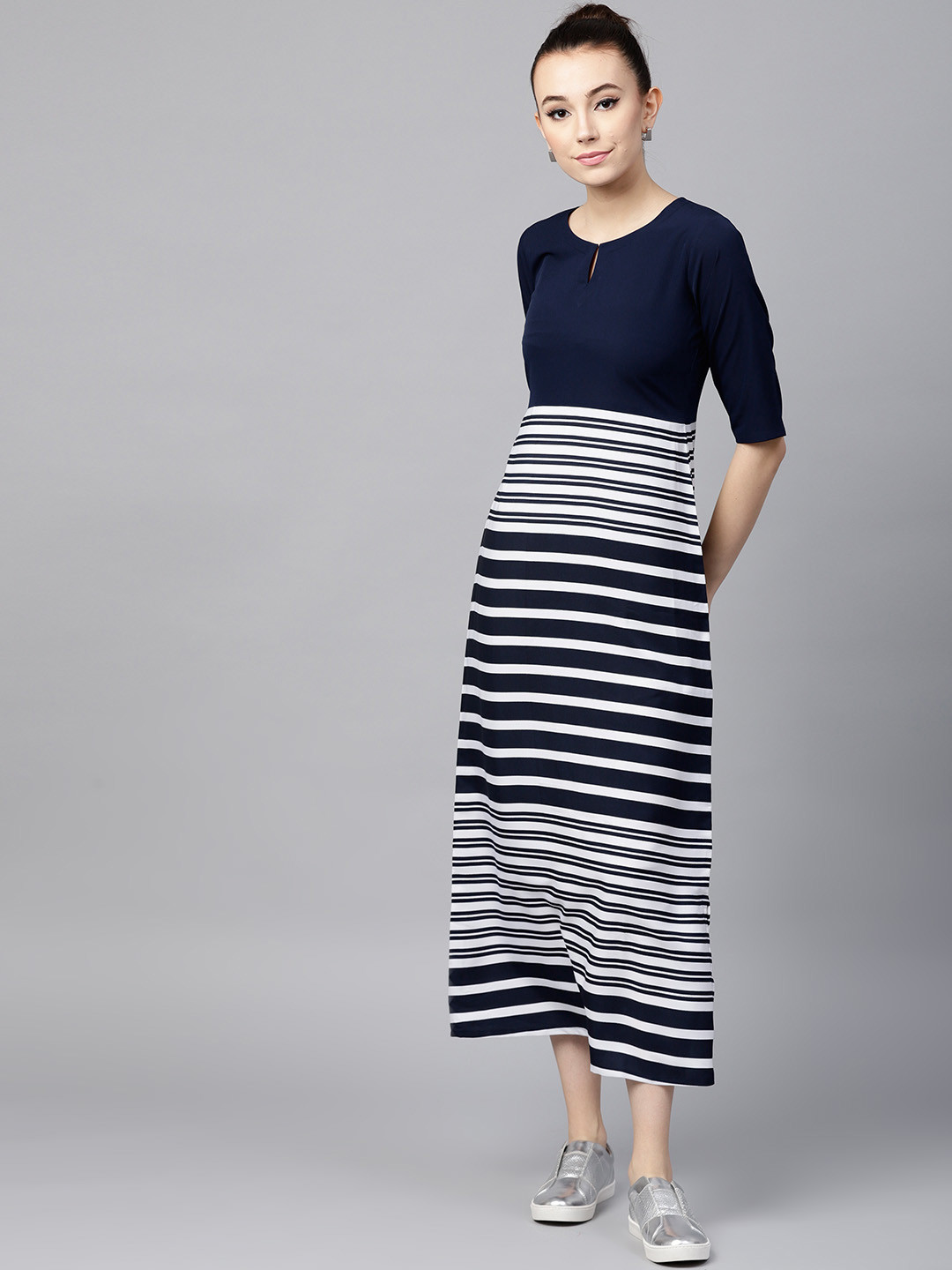 navy and white striped maxi dress