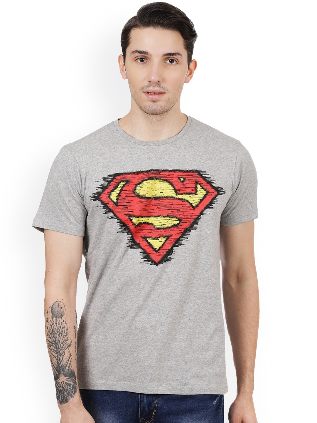 Buy Free Authority Men Grey Melange Superman Printed T Shirt