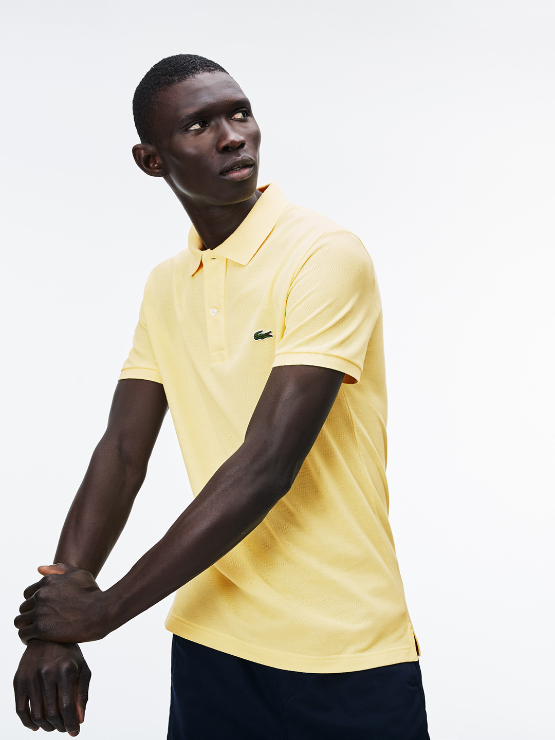 Lacoste Men Yellow Solid Slim Fit Polo In Petite Pique