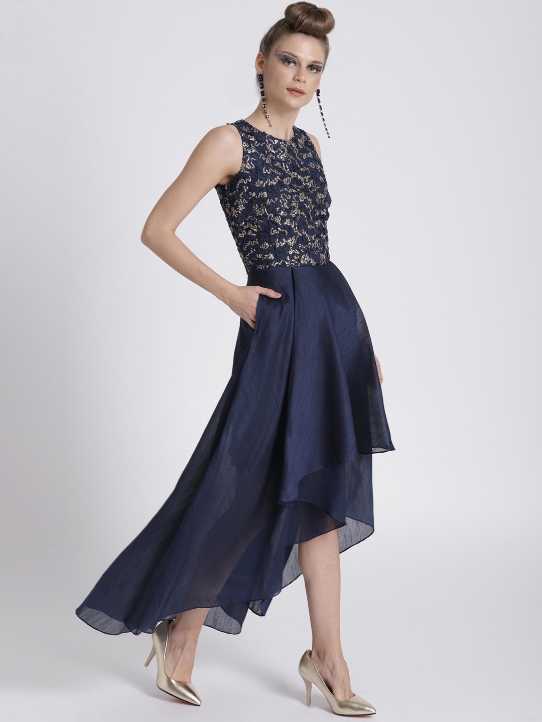 Raw Silk Dark Blue Prom Dress