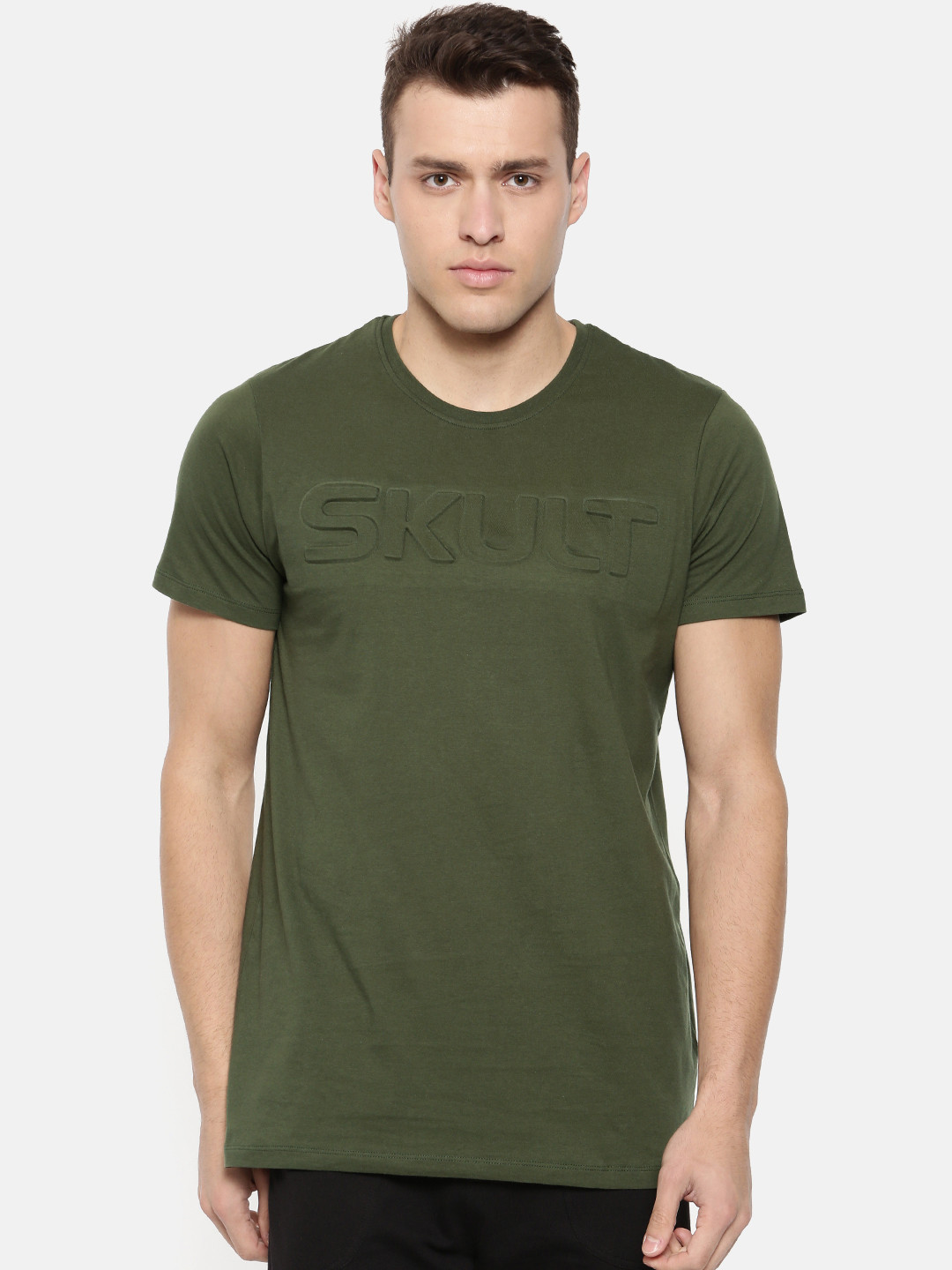 SKULT by Shahid Kapoor Men Olive Green Solid Round Neck Pure Cotton T-shirt
