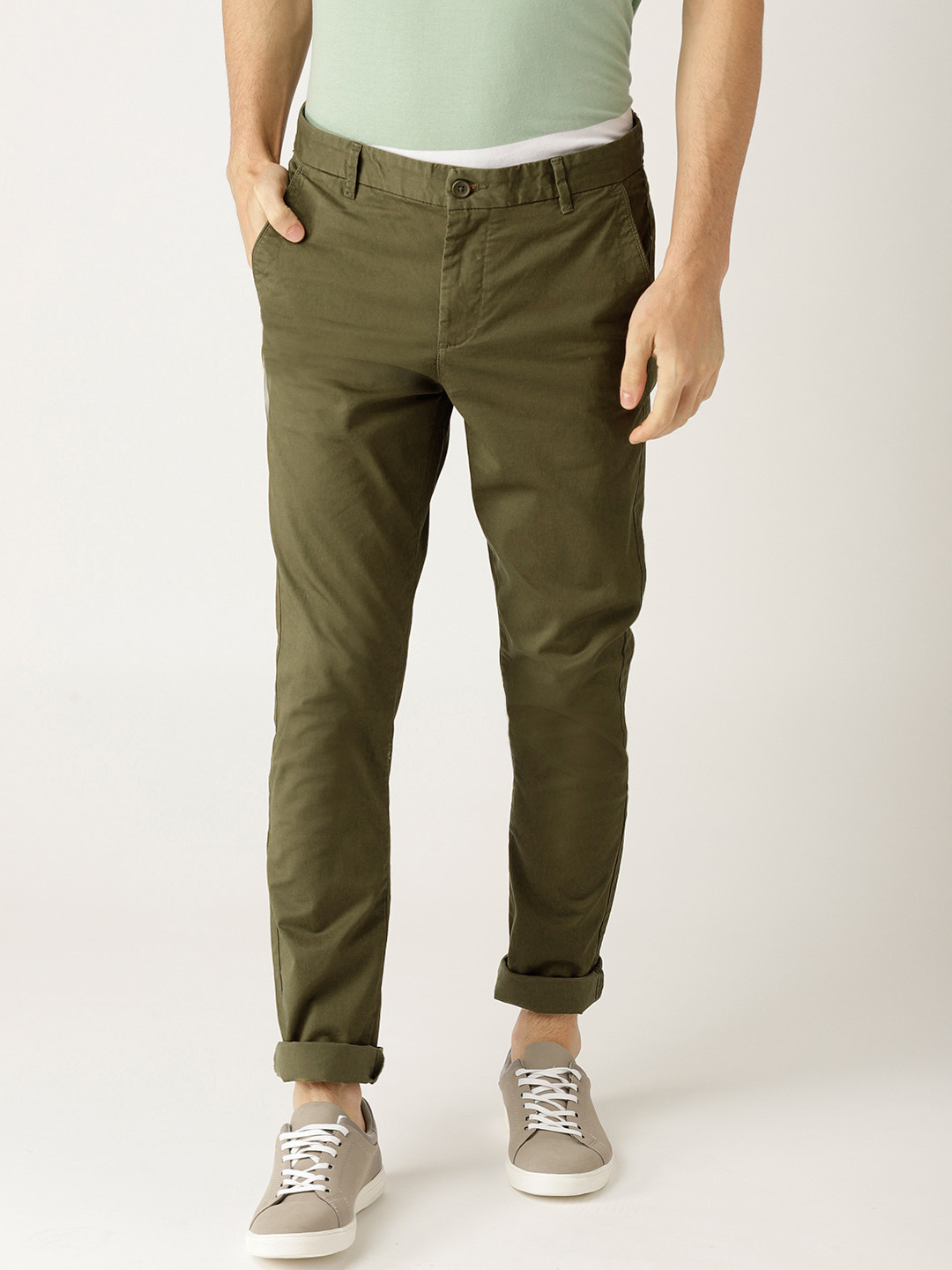 Benetton Men Olive Green Slim Fit 