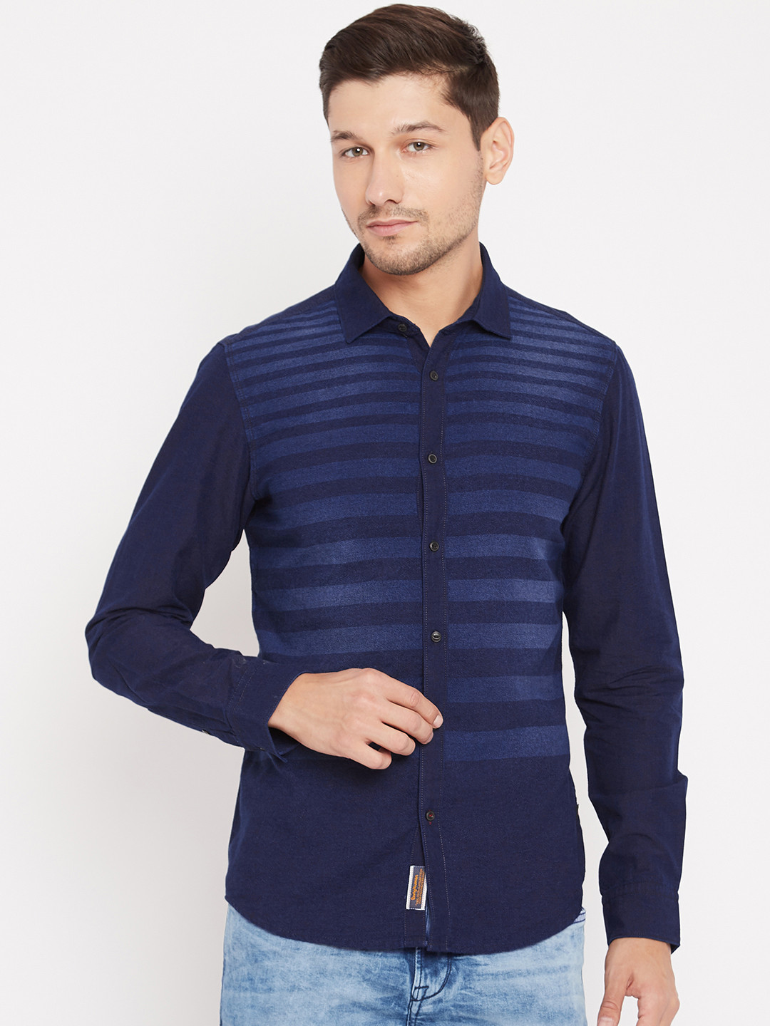 Being Human Men Navy Blue Slim Fit Striped Chambray Casual Shirt