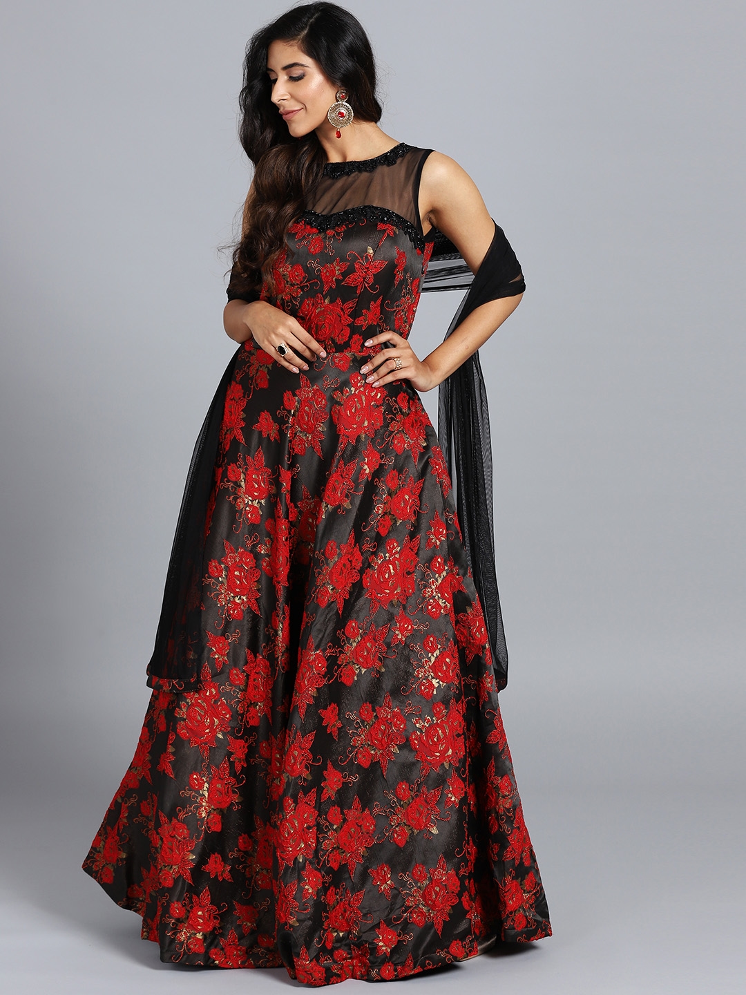 KD1117 Bollywood Inspired Katrina Kaif Black Red Silk Anarkali Gown