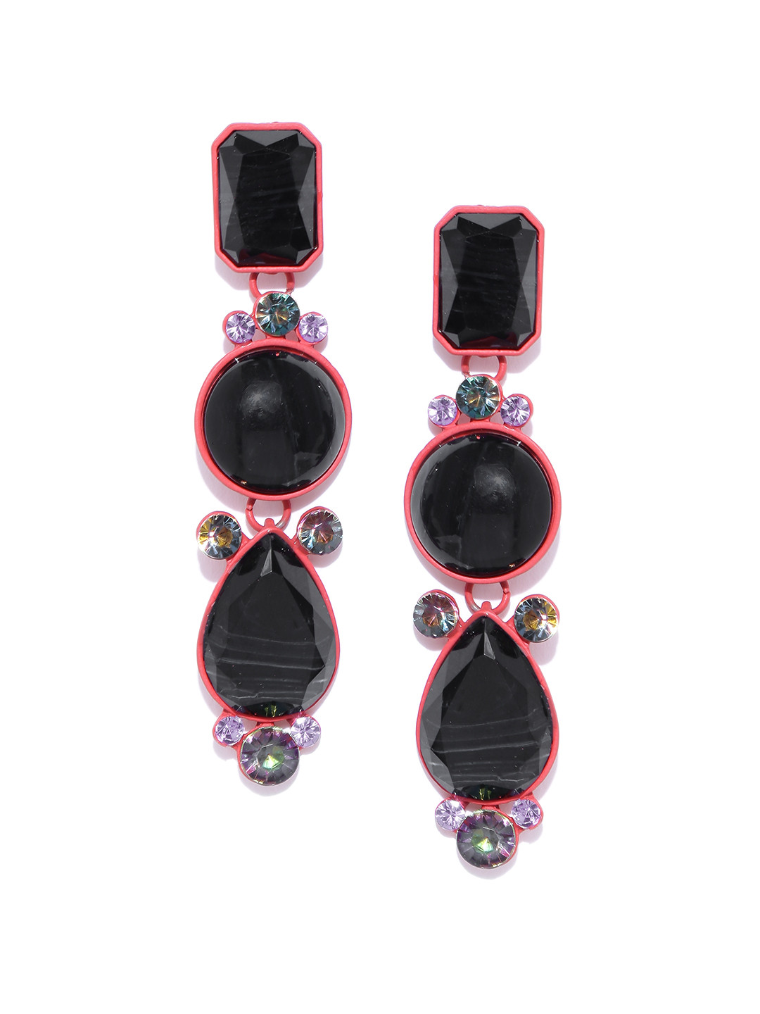 Jewels Galaxy Black & Red Stone-Studded Handcrafted Geometric Drop Earrings