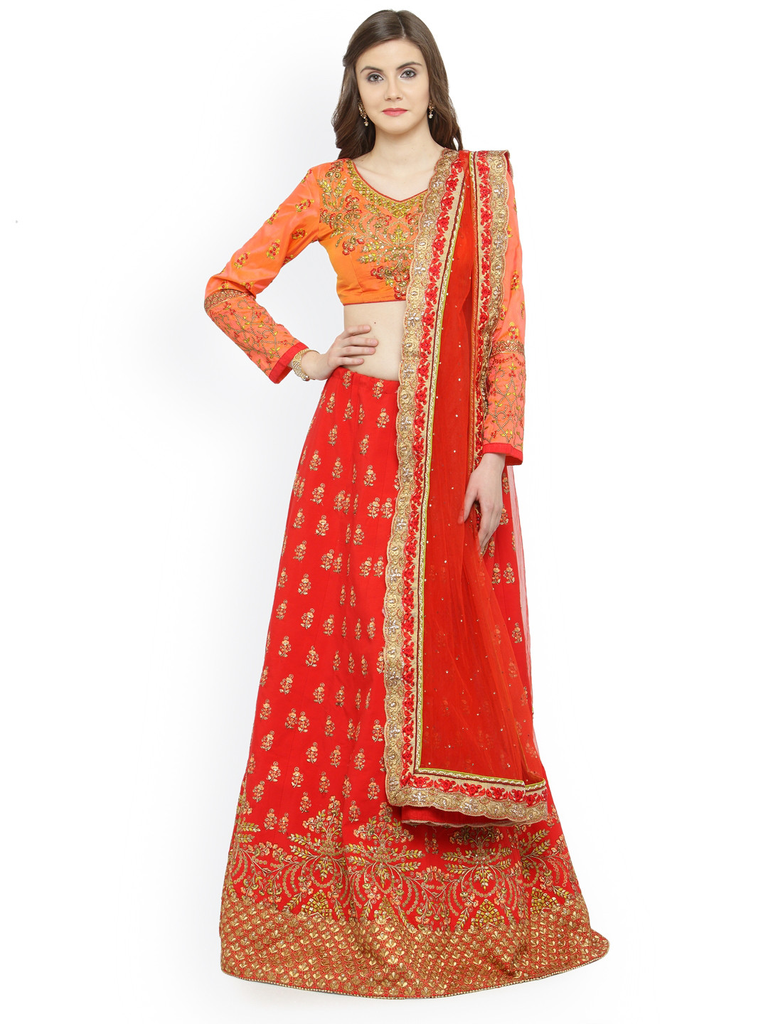 Shaily Red & Orange Embellished Ready to Wear Lehenga & Unstitched Blouse with Dupatta