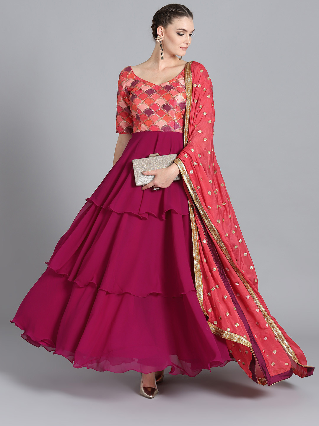 Ethnovog Magenta Sequinned Made to Measure Kurta with Churidar  Dupatta