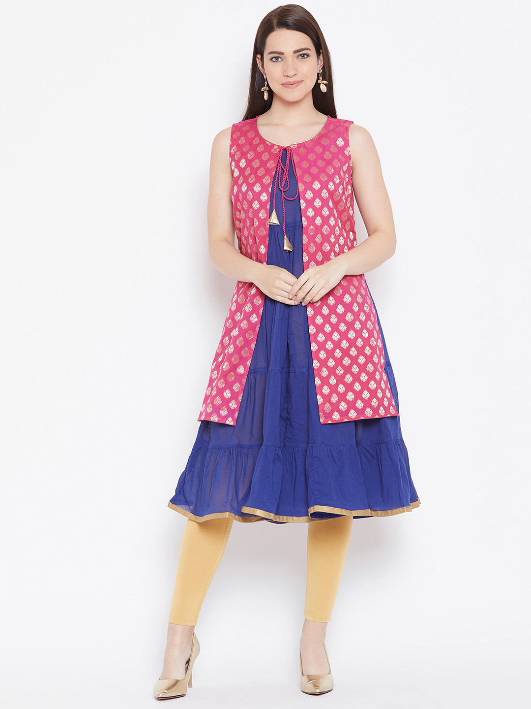 AURELIA Women Navy Blue & Pink Solid A-Line Tiering Kurta With Layer