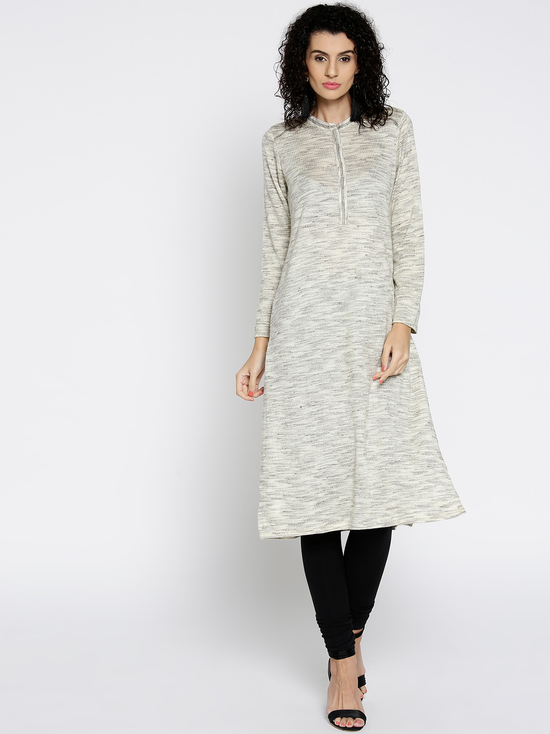 AURELIA Women Off-White & Brown Flecked Effect Straight Winter Kurta