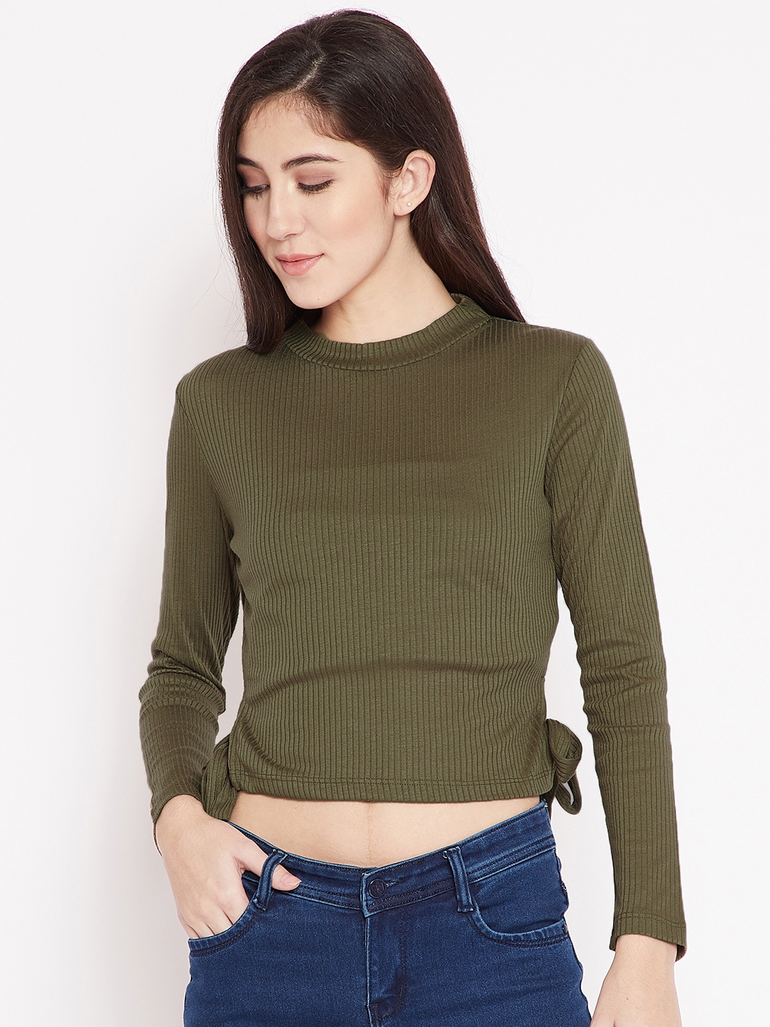 Buy Madame Women Olive Green Ribbed Crop Top - Tops for Women