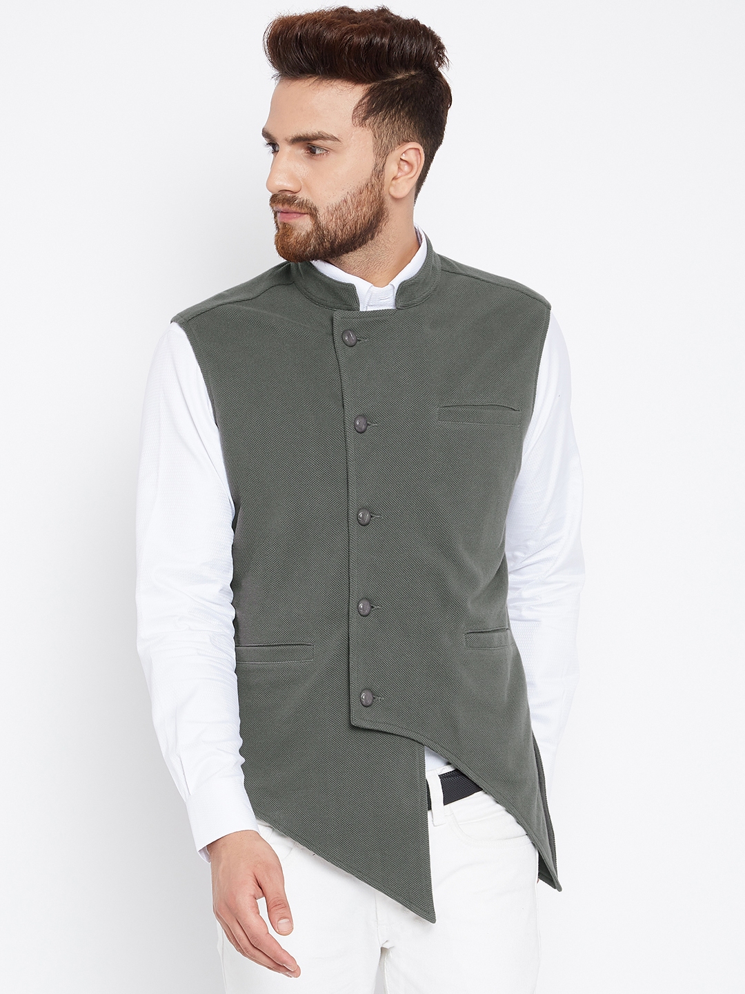 Hypernation Men Grey Pure Cotton Woven Design Waistcoat