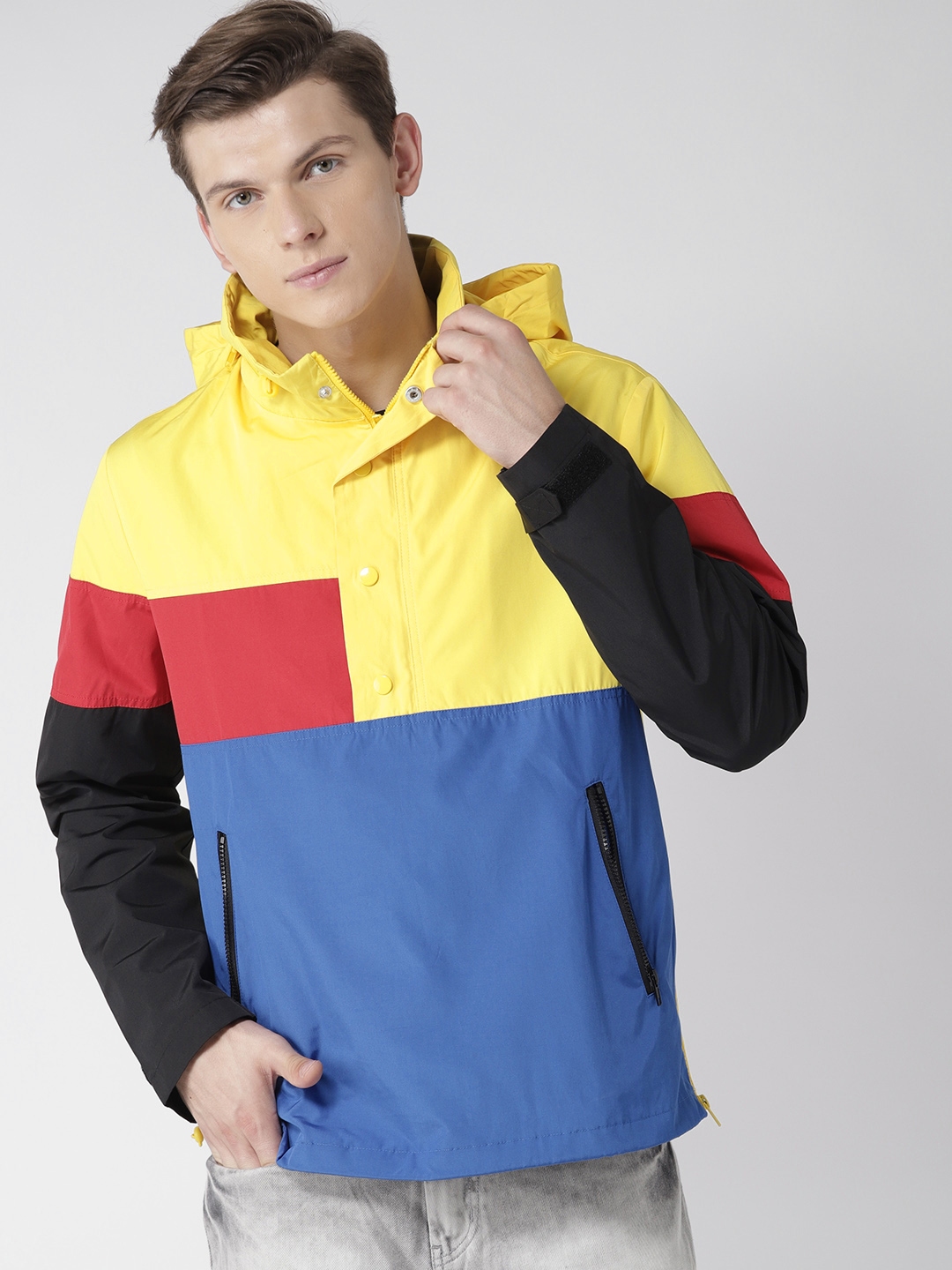 Buy FOREVER 21 Men Yellow Blue Colourblocked Hooded Tailored