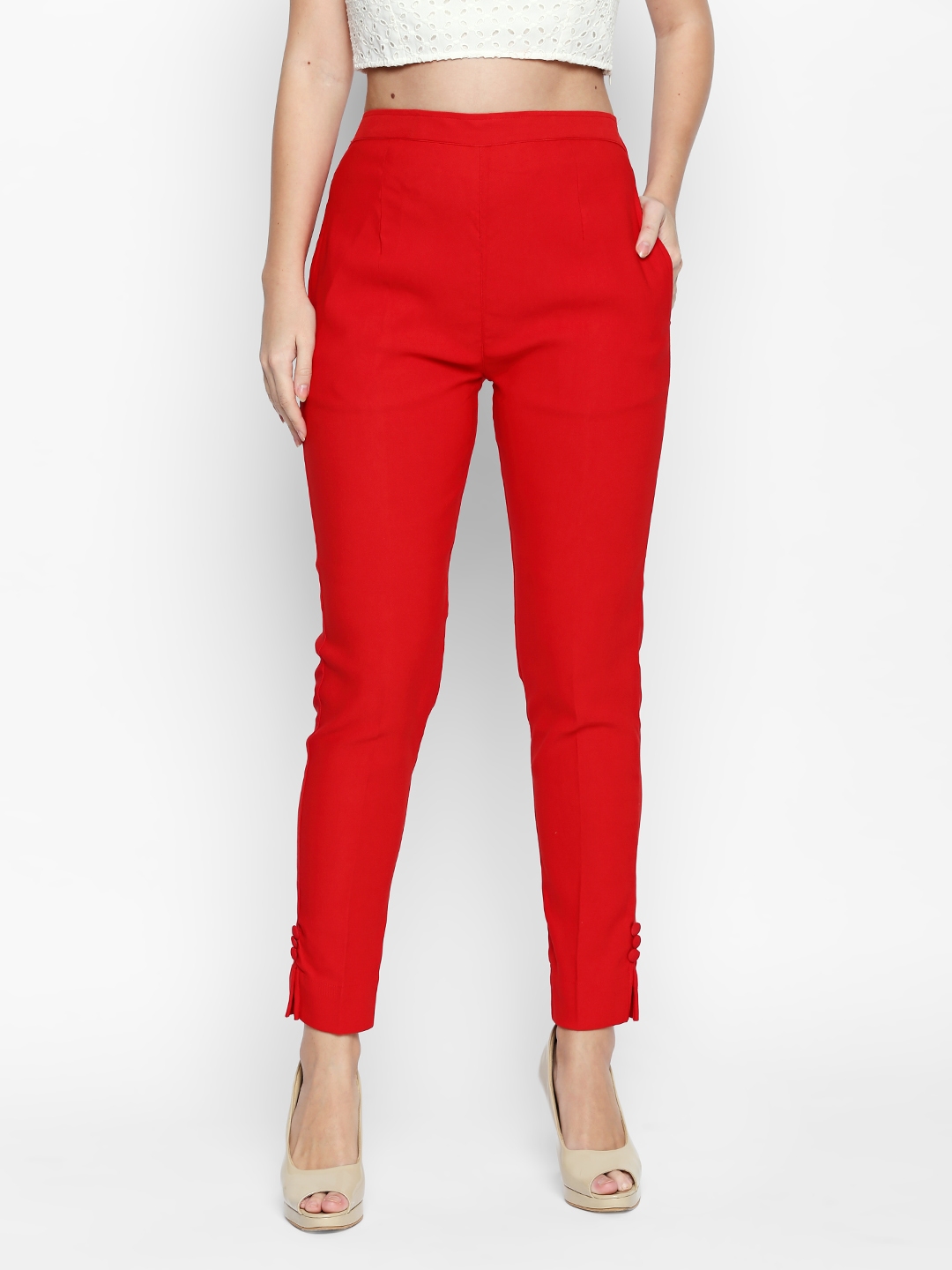 Buy Ishin Women Red Straight Fit Solid Cigarette Trousers ...