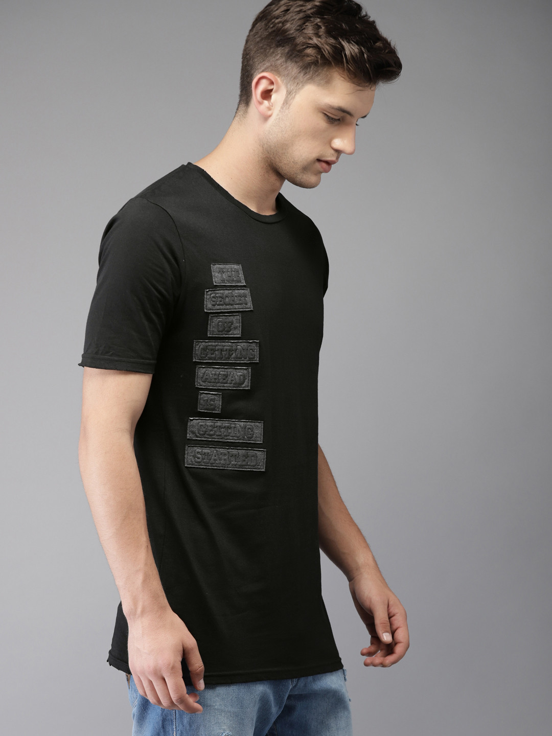 Moda Rapido Men Black Rubber Printed Round Neck T-shirt