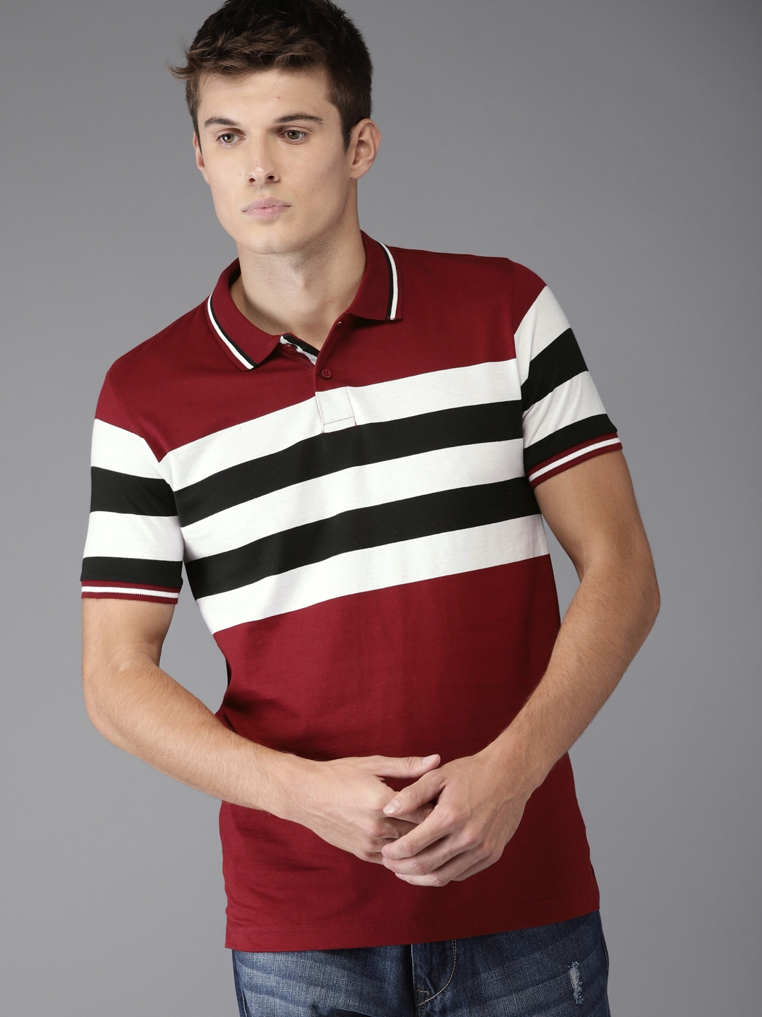 maroon and white striped polo